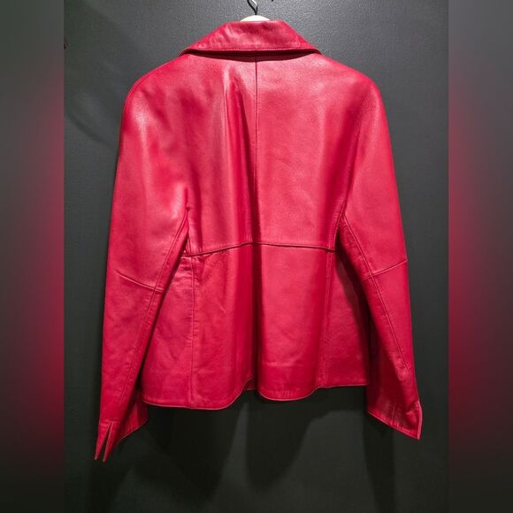 Red Leather Blazer Jacket Jones New York Collection One Snap Closure Collar Sz L - Picture 8 of 12